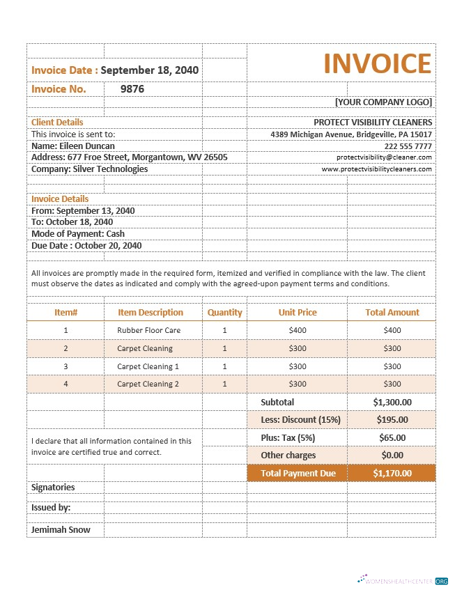 Download Cleaning Service Invoice Form Template Photoshop template